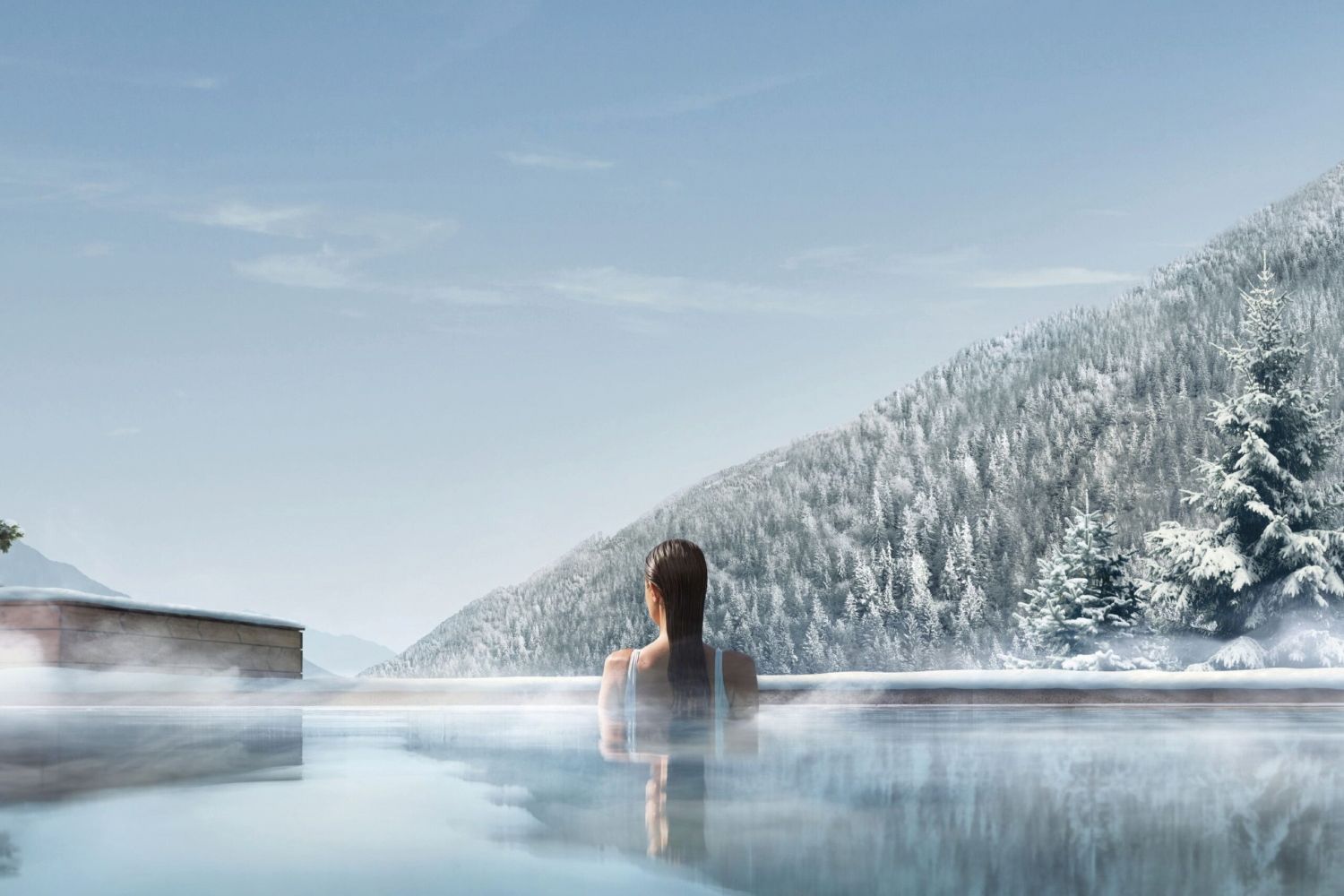 Indoor-outdoor pool overlooking view in at Lefay Dolomiti Resort and Spa - Pinzolo, Italy