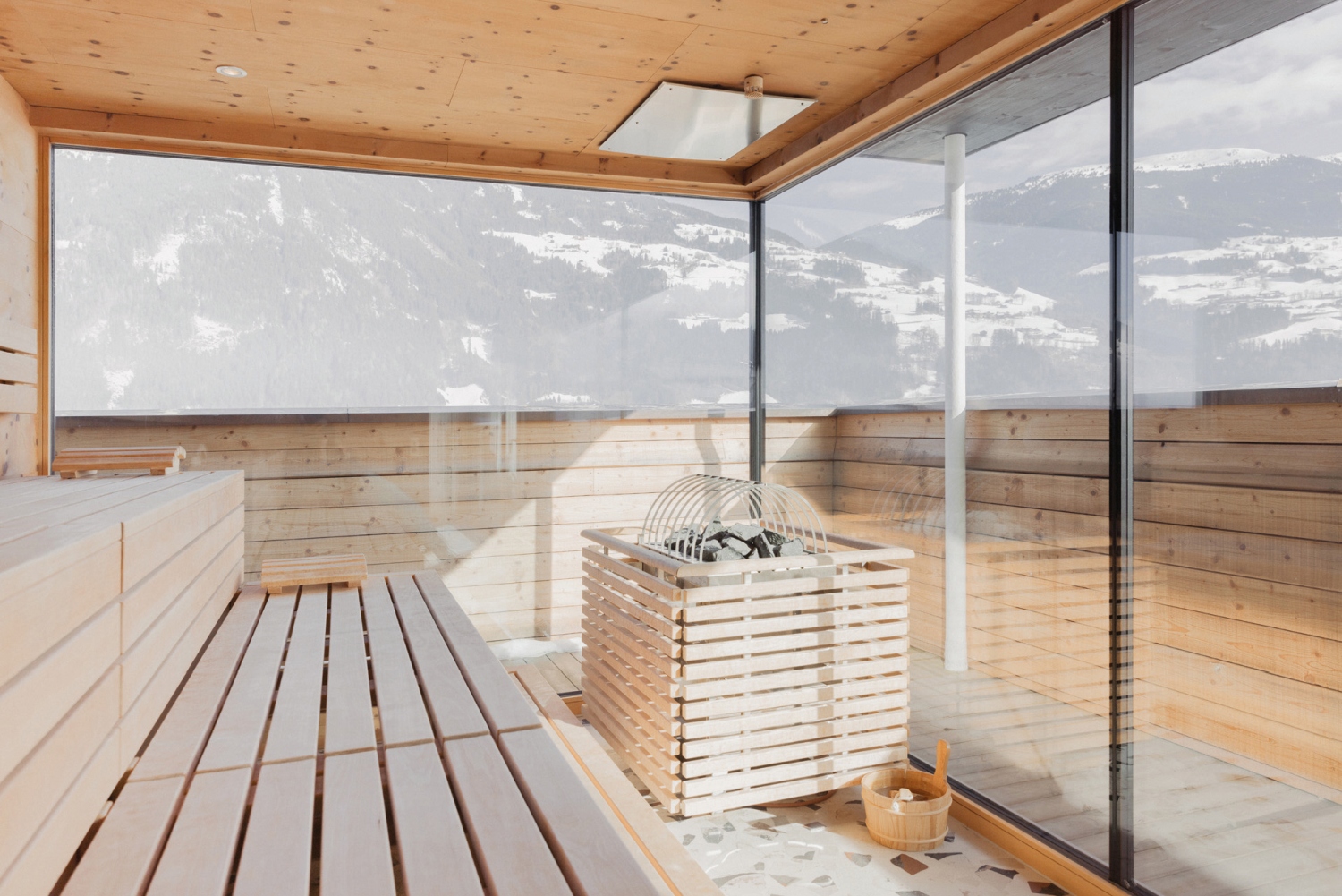 Sauna room looking over snowy mountain scene - Zillertal, Austria