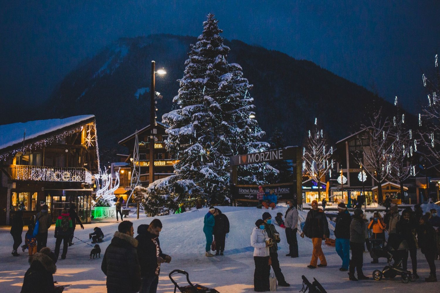 Christmas tree in Morzine town centre with I love Morzine sign