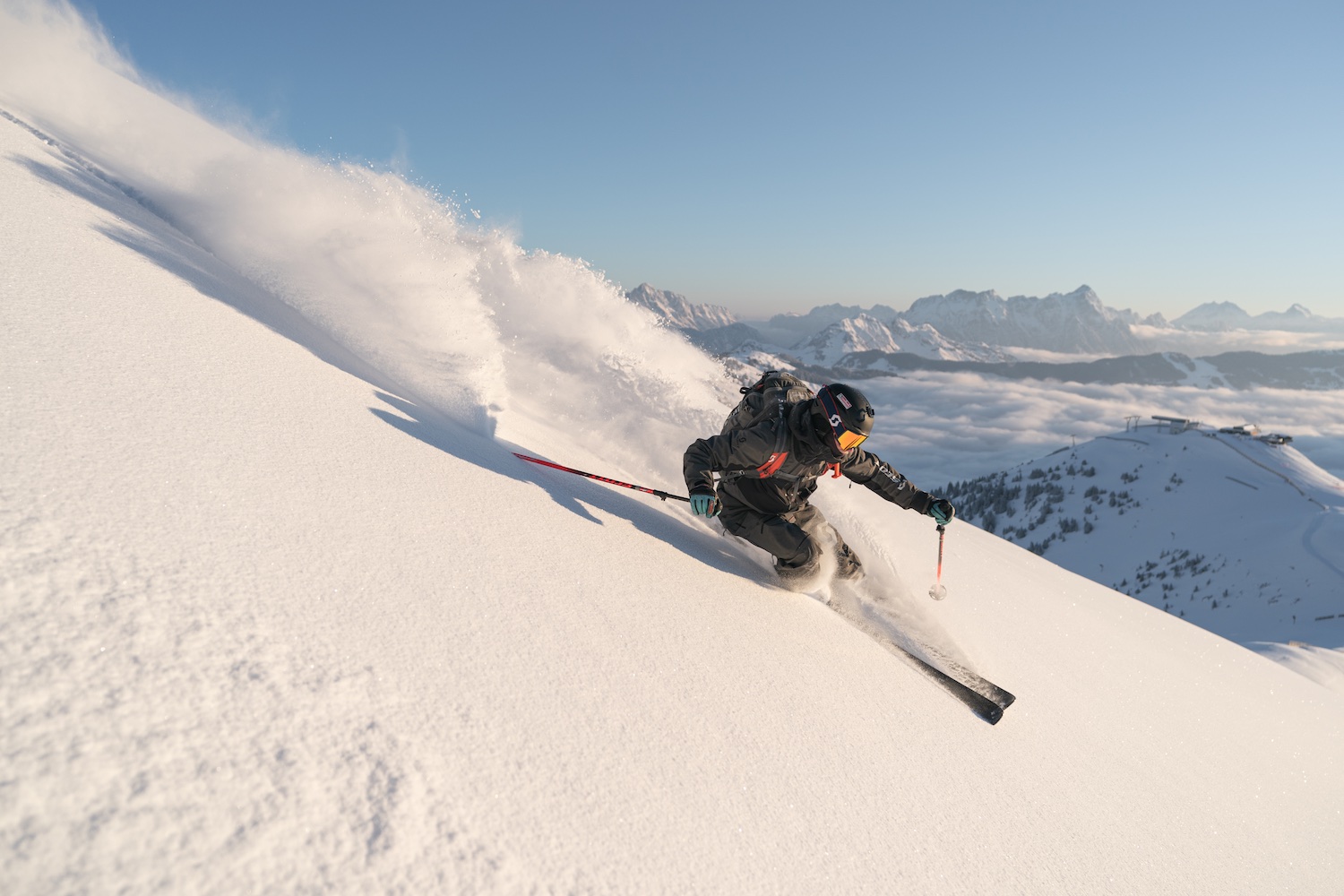 Skier freeriding in backcountry, Skicircus Saalbach Hinterglemm Leogang Fieberbrunn