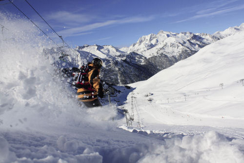 Skiing powder fields in St Lary, Pyrenees, France powder ski St Lary Pyrenees France
