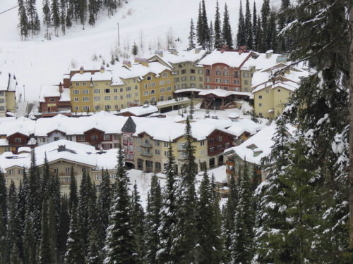 Looking down into Sun Peaks village, with Nancy Greene’s Cahilty Lodge in the background, Canada Sun Peaks village Whistler Canada