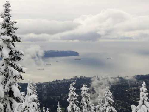 View from the wintry slopes of Grouse Mountain across Vancouver Sound, Canada Vancouver view whistler Canada