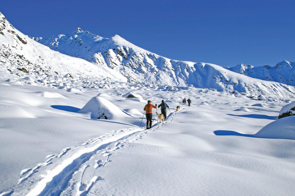 Ski touring through mountains