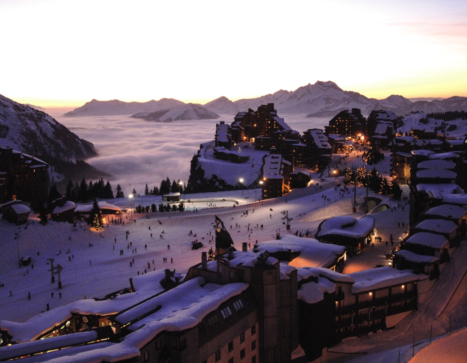 Busy ski resort with mountains in background - Avoriaz, France