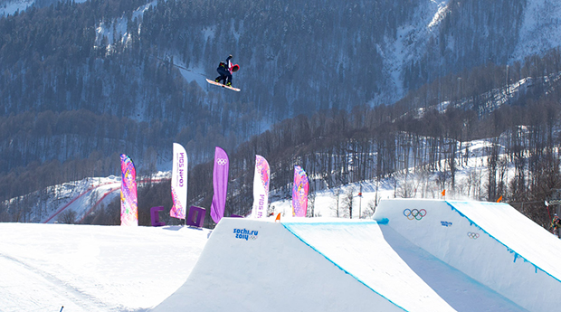 The UK's Jamie Nicholls hits the slopestyle course at the Sochi 2014 Olympics. Photo: Nick Atkins